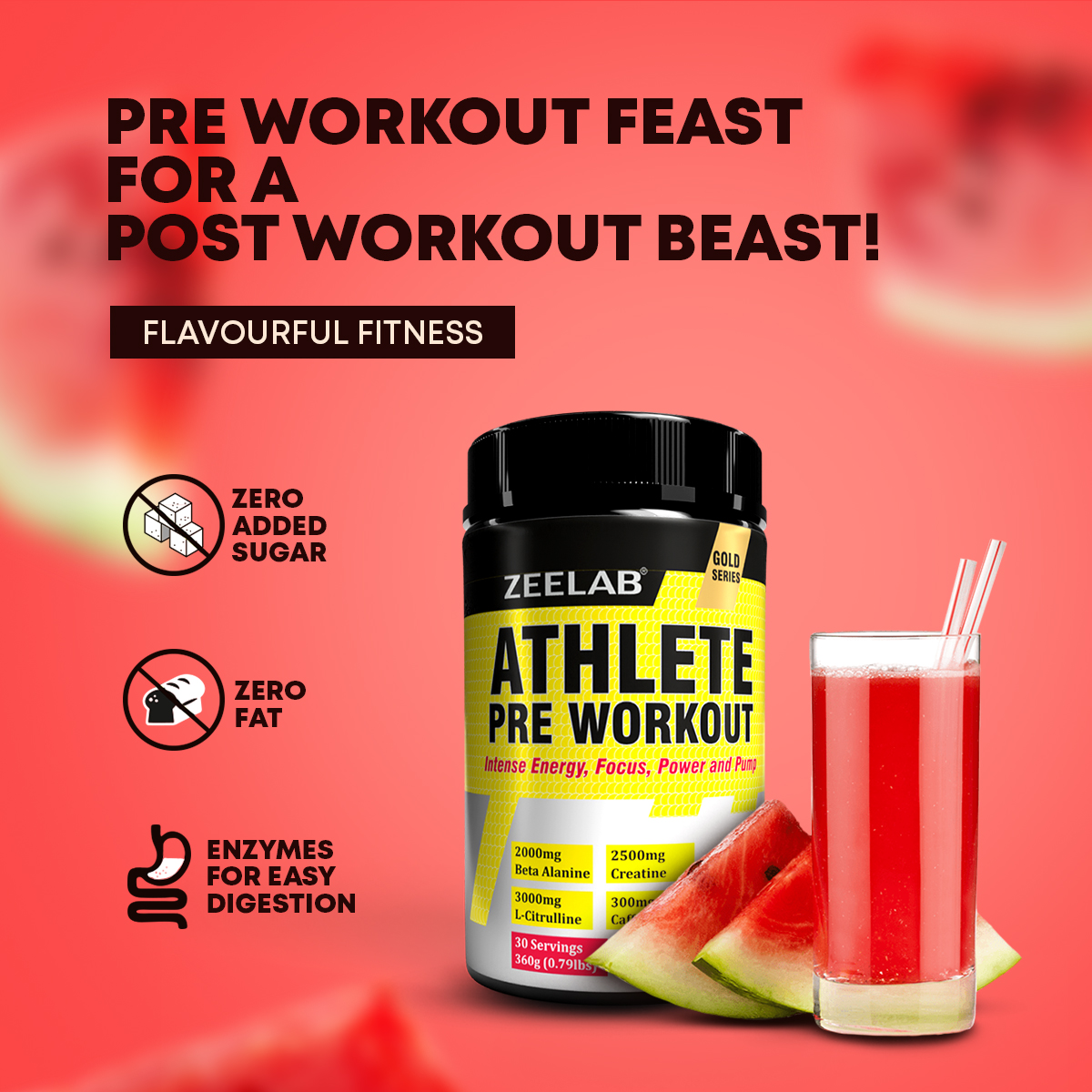 Zeelab Athlete Pre Workout Watermelon Flavour - 360gm