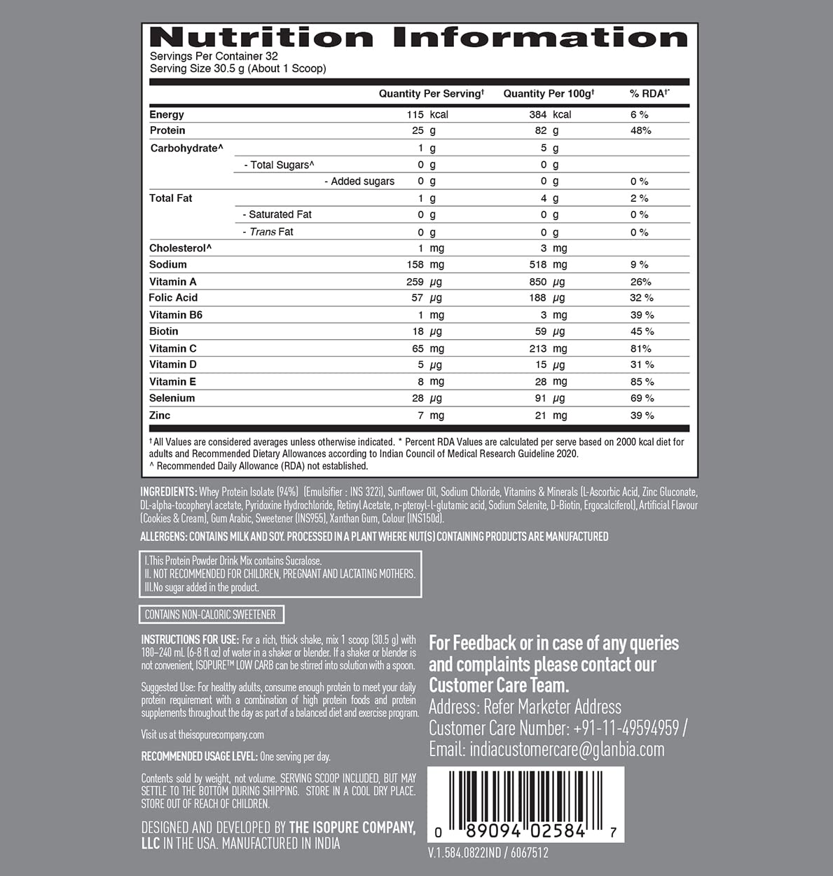 Isopure Protein Powder Isolate Cookies & Cream 1 Kg