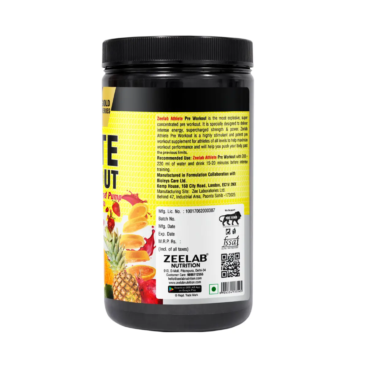 Zeelab Athlete Pre Workout - Fruit Punch Flavour | Workout Performance | 360g (40 Servings)