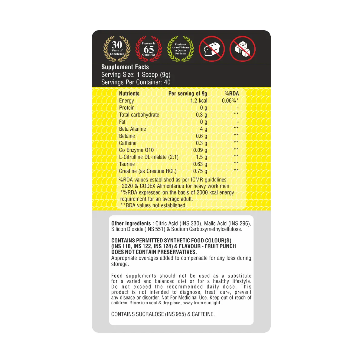 Zeelab Athlete Pre Workout - Fruit Punch Flavour | Workout Performance | 360g (40 Servings)