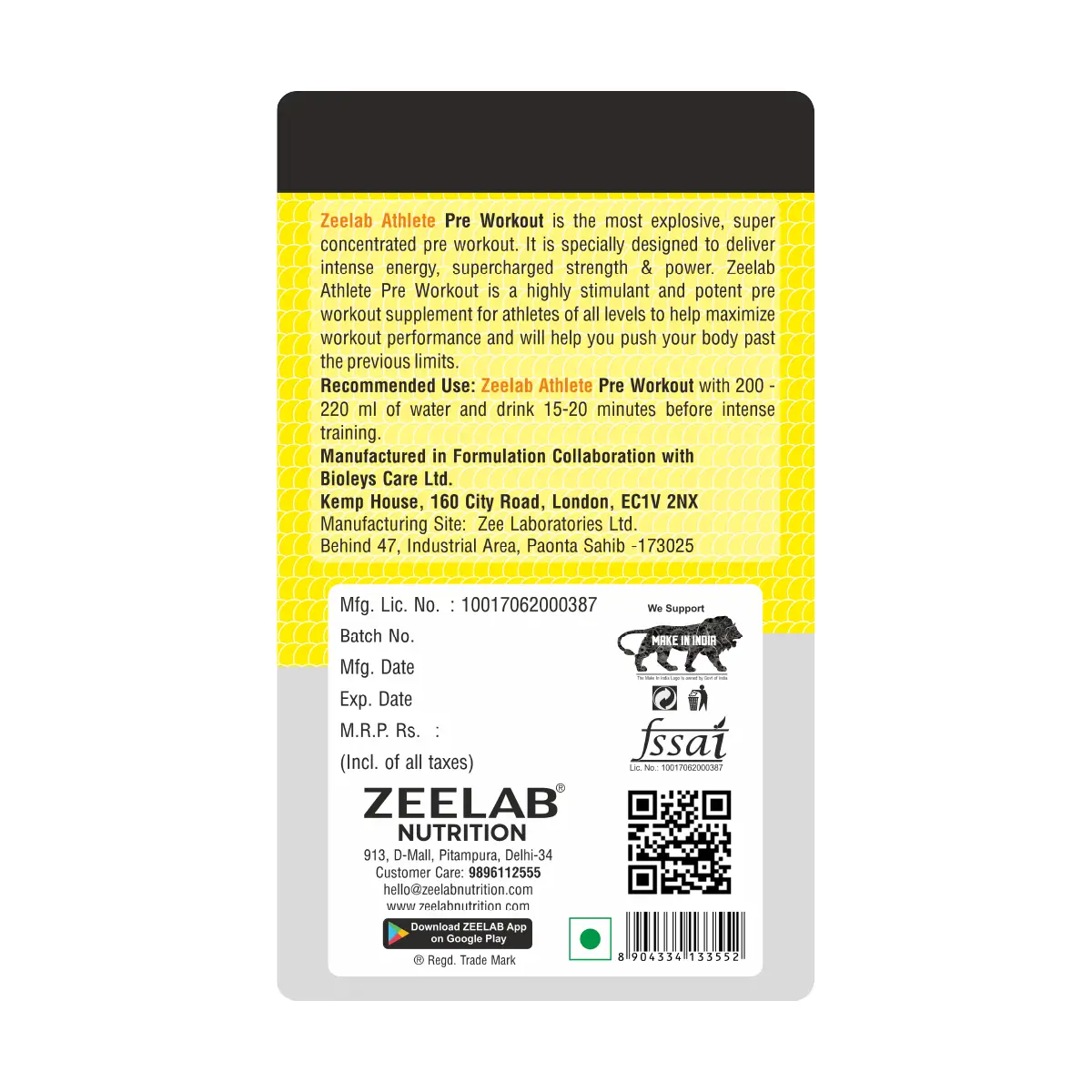 Zeelab Athlete Pre Workout Pineapple Flavour - 360gm