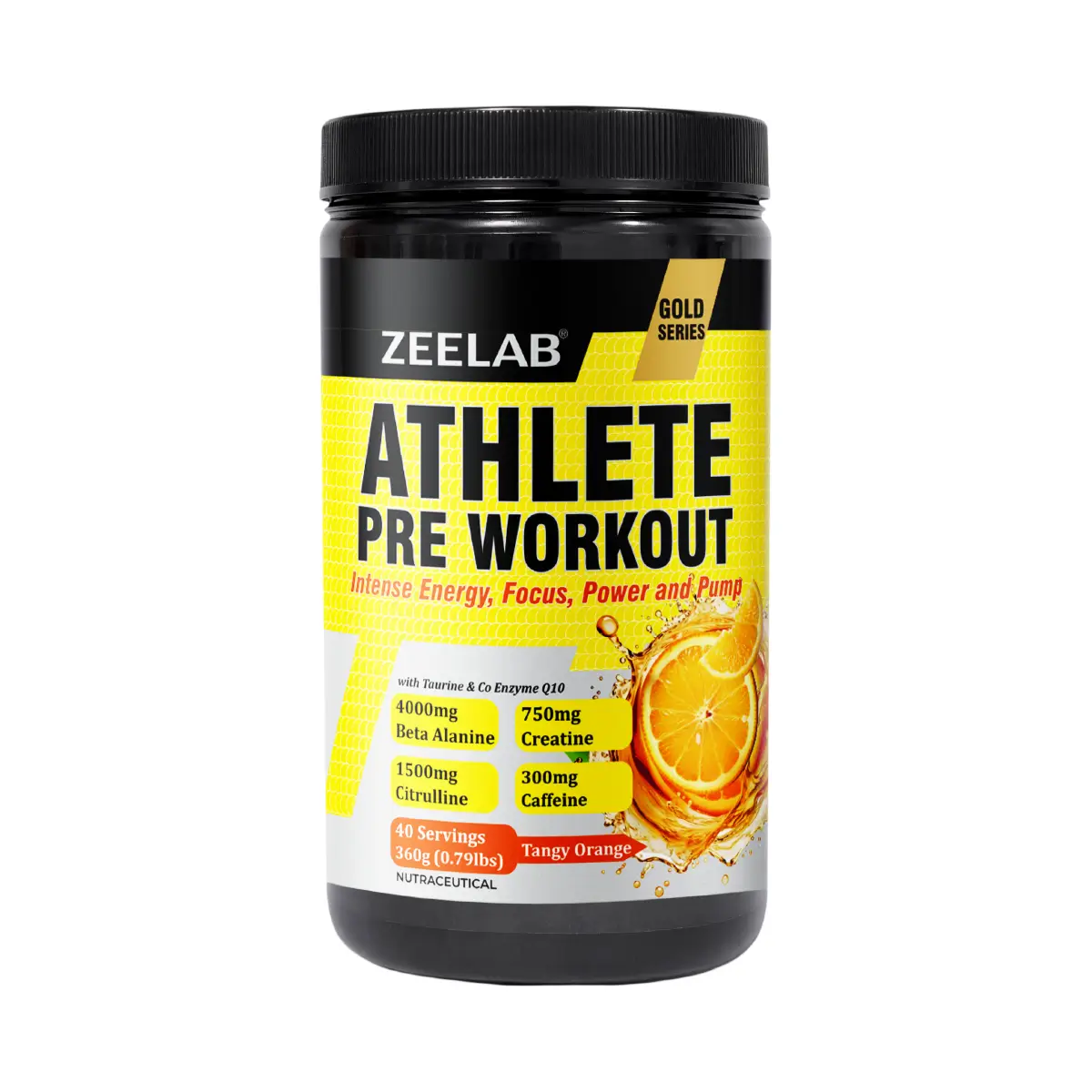 Zeelab Athlete Pre Workout - Tangy Orange Flavour | Workout Performance | 360g (40 Servings)