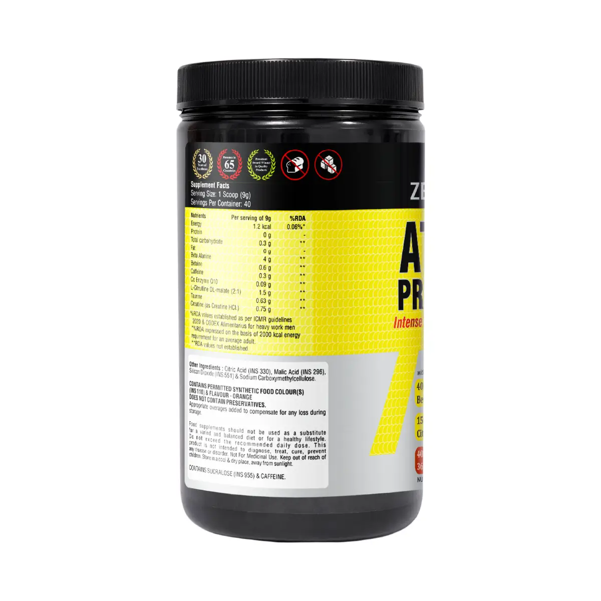 Zeelab Athlete Pre Workout - Tangy Orange Flavour | Workout Performance | 360g (40 Servings)