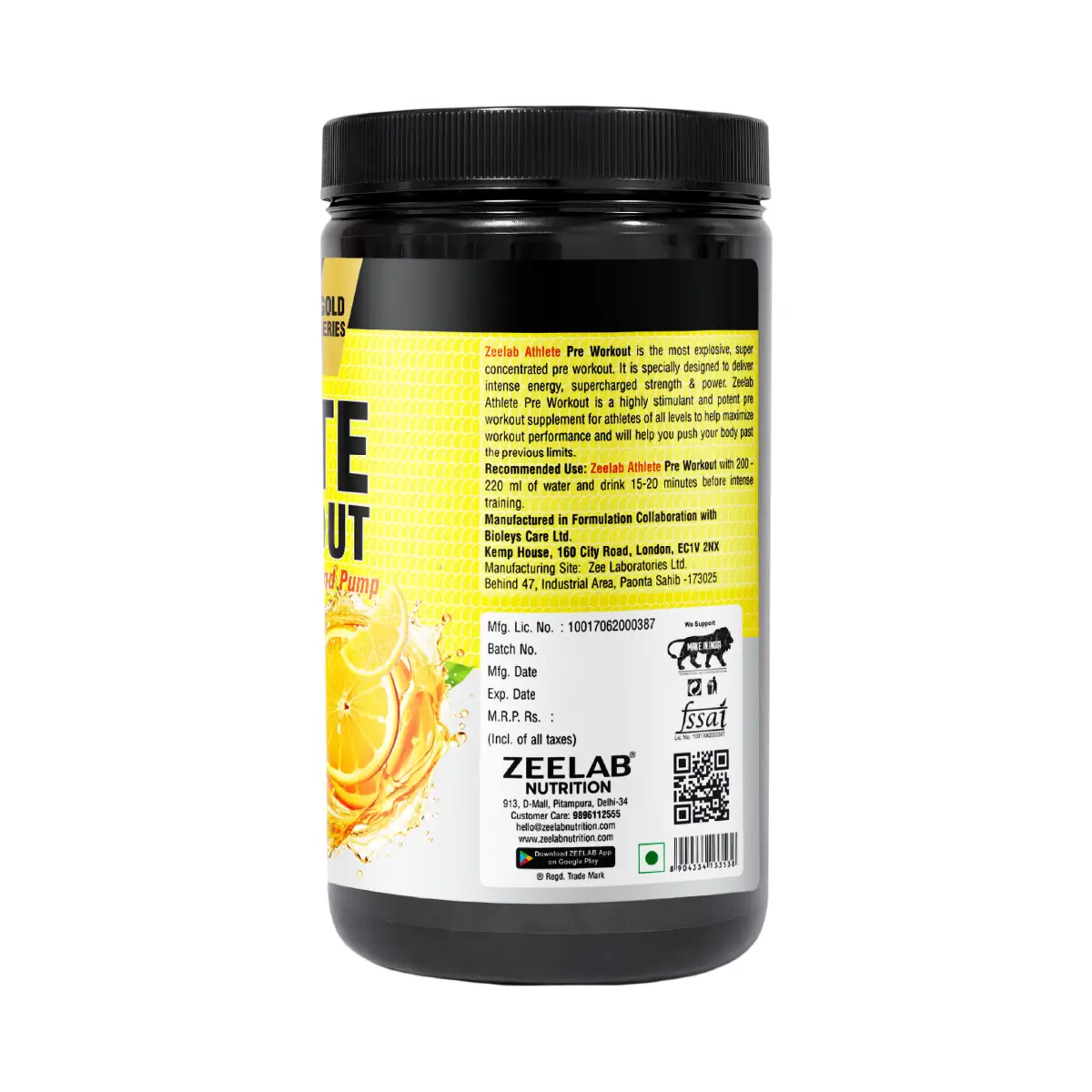 Zeelab Athlete Pre Workout - Tangy Orange Flavour | Workout Performance | 360g (40 Servings)