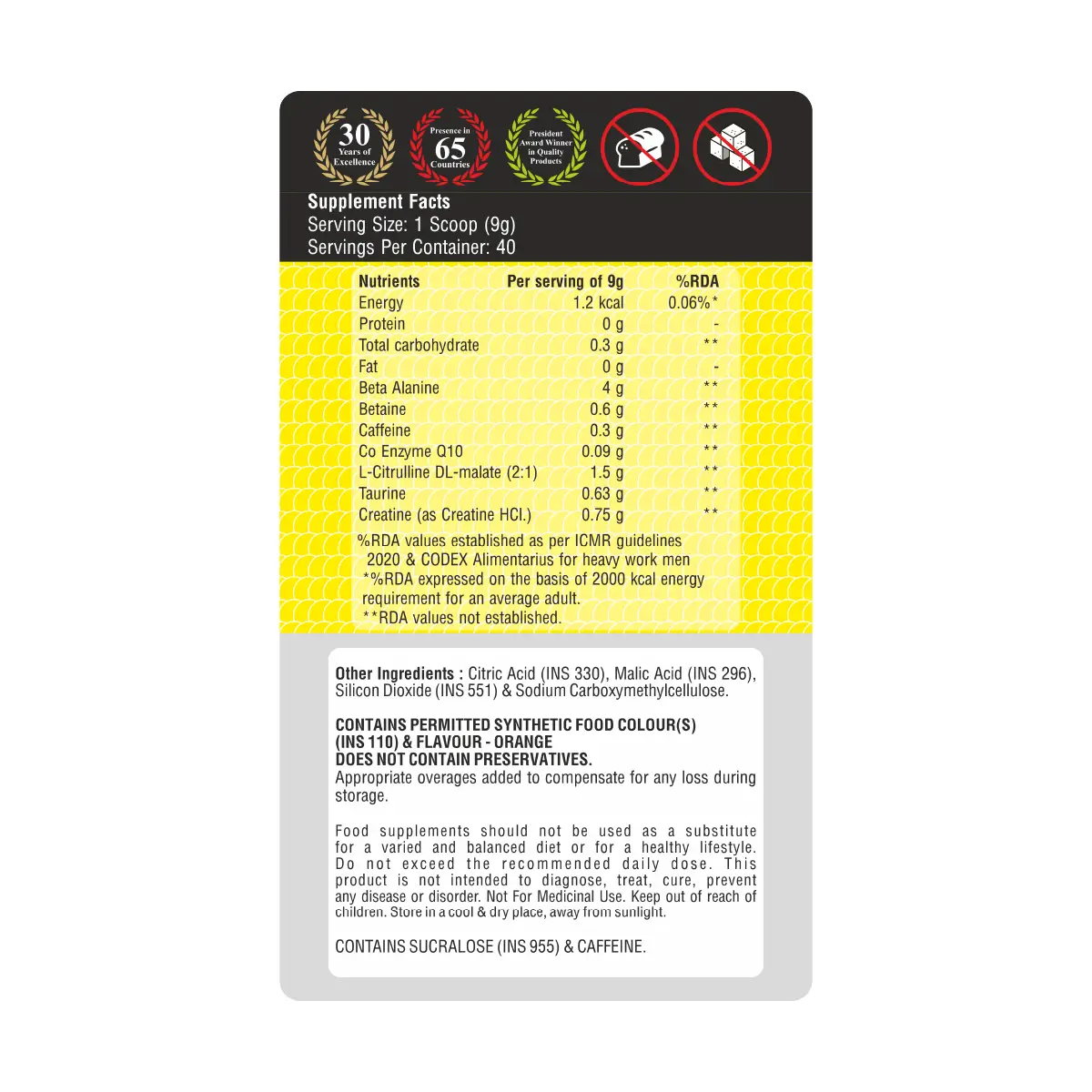 Zeelab Athlete Pre Workout - Tangy Orange Flavour | Workout Performance | 360g (40 Servings)