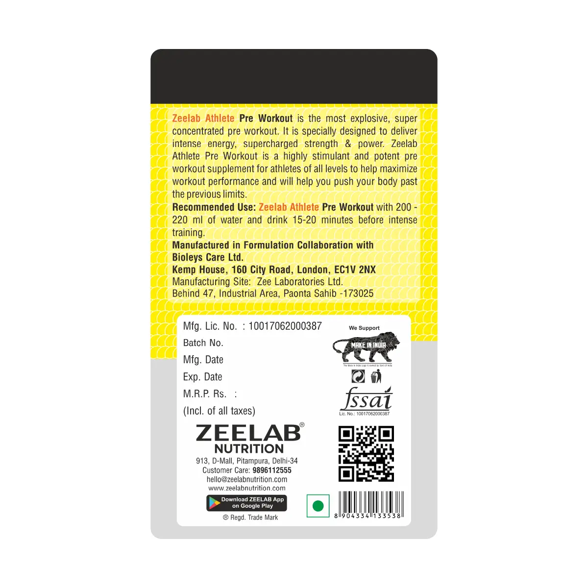 Zeelab Athlete Pre Workout - Tangy Orange Flavour | Workout Performance | 360g (40 Servings)