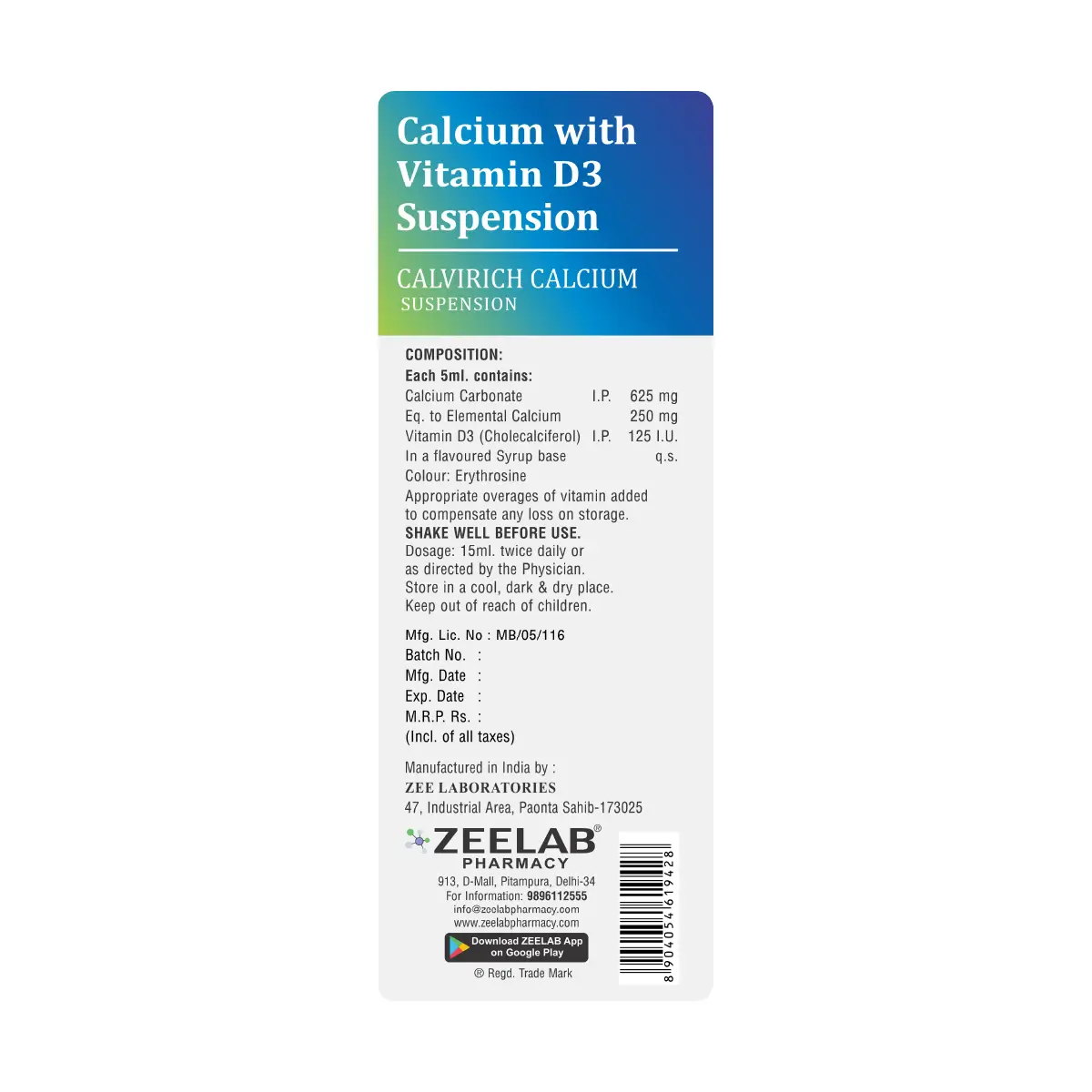 Calvirich Calcium Suspension 200 ml | For Supplement for Bone Health