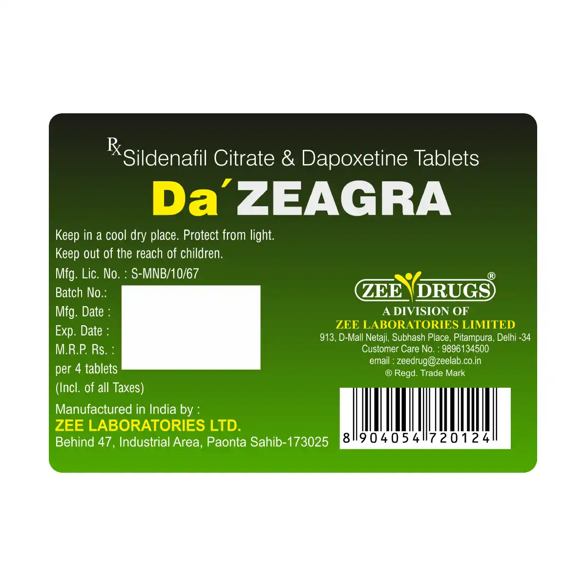 Da' ZEAGRA Tablet | Sildenafil Citrate 50mg + Dapoxetine 30mg Tablet | Strip of 4 Tablets