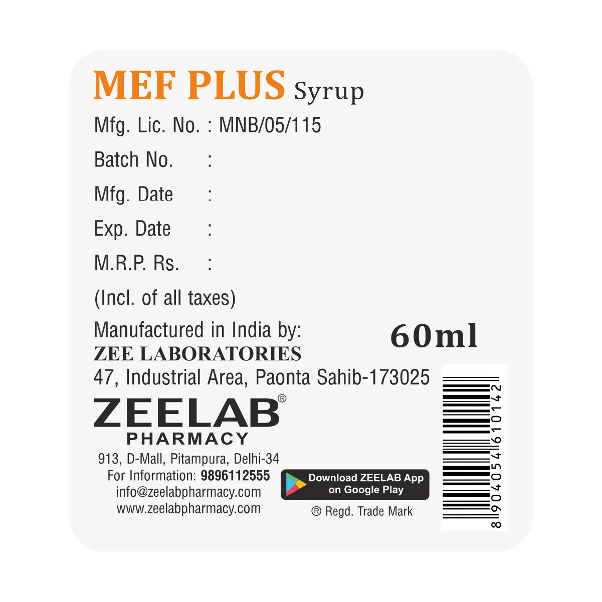 Mef Plus Suspension | Mefenamic Acid 50mg + Paracetamol 125mg Suspension