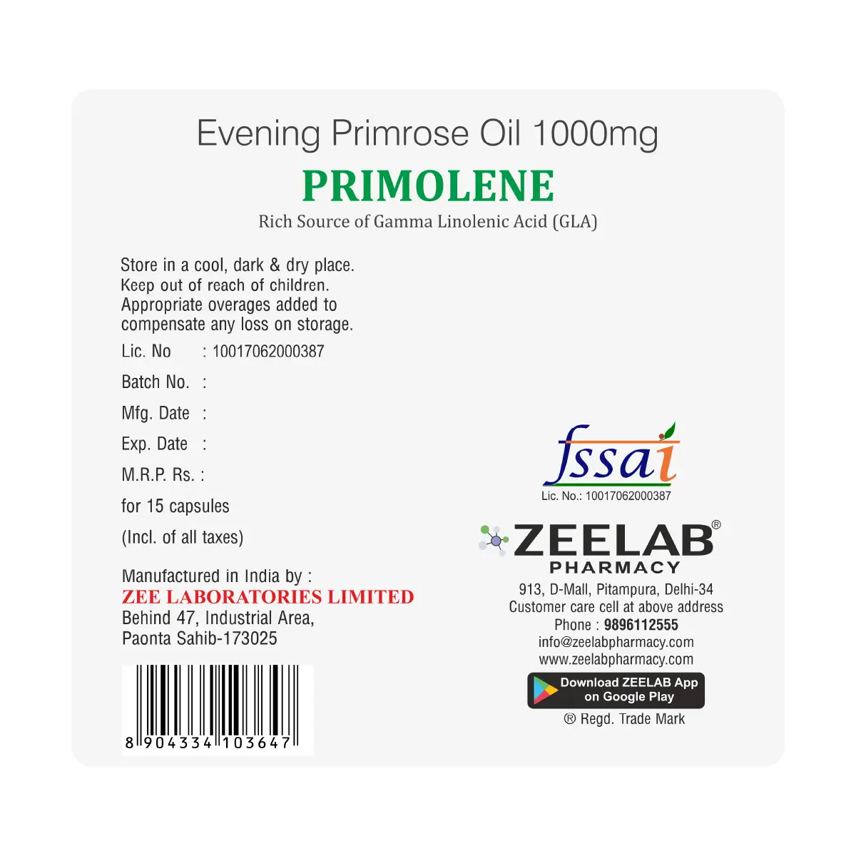 Primolene Women's Evening Primrose Oil Softgels Capsules