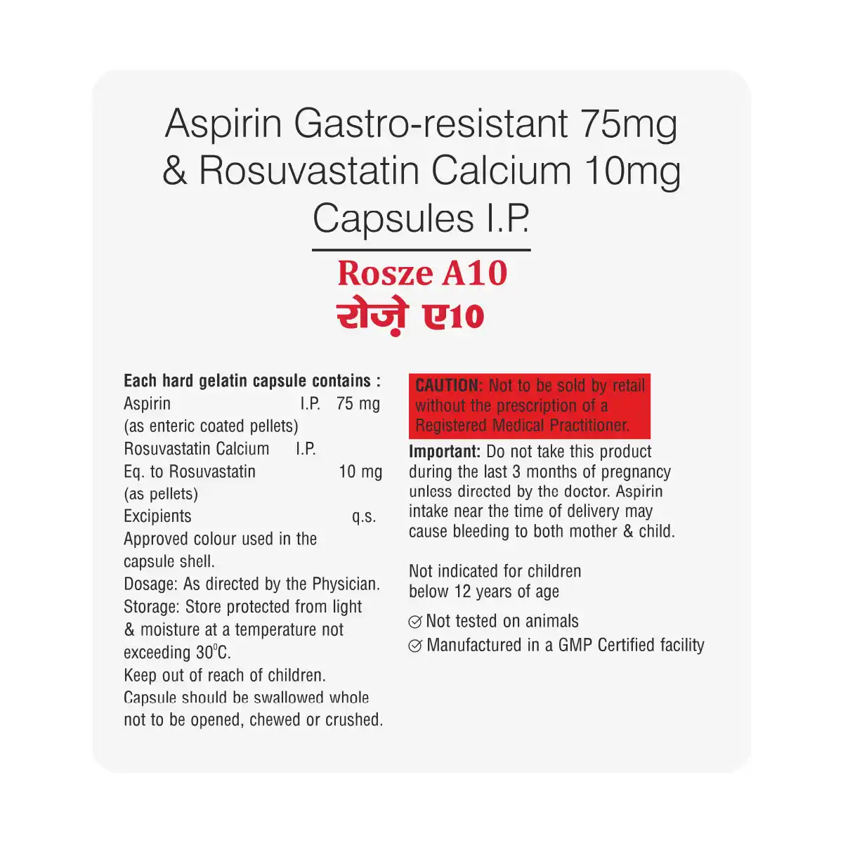 Rosze A 10 | Aspirin 75mg + Rosuvastatin 10mg Capsule | Strip of 10 Capsules