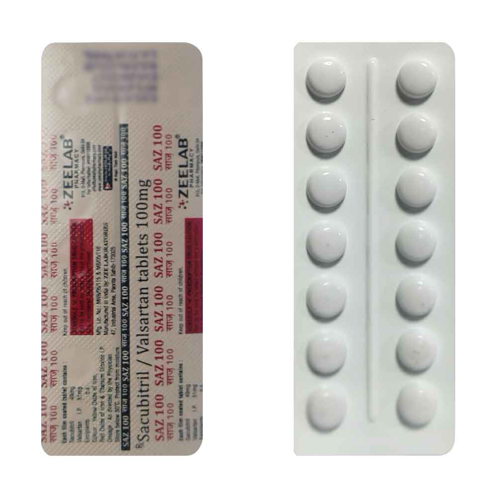 Saz 100 | Sacubitril 49mg + Valsartan 51mg Tablet | Strip of 14 Tablets