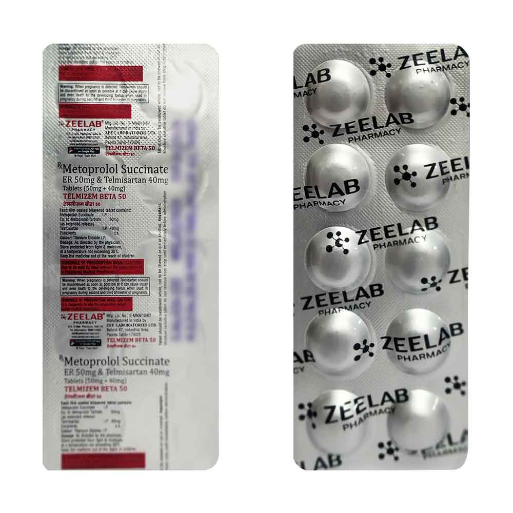 Telmizem Beta 50 | Metoprolol Succinate 50mg ER + Telmisartan 40mg Tablet | Strip of 10 Tablets