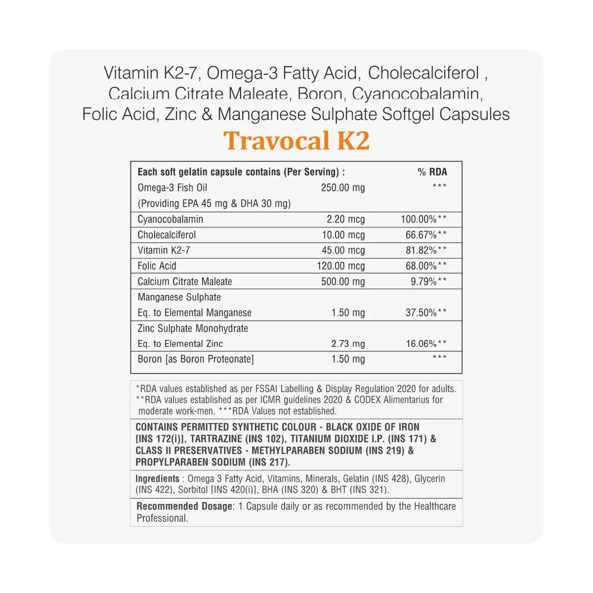 Travocal K2 Calcium Supplement Softgel Capsule | Supports Bone Health & Calcium Absorption