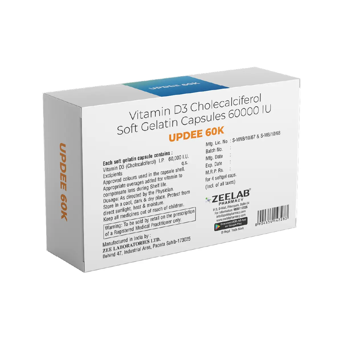 Updee 60K Vitamin D3 Capsule | For Vitamin D Deficiency & Bone Health