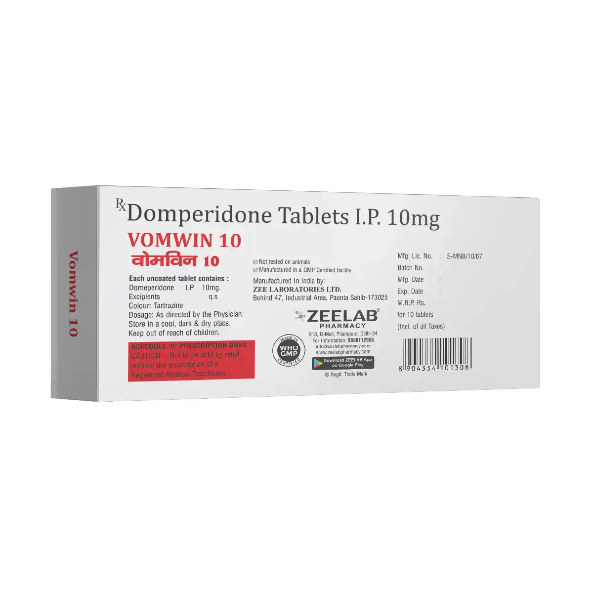Vomwin 10 | Domperidone 10mg Antiemetic Tablet | Strip of 10 Tablets