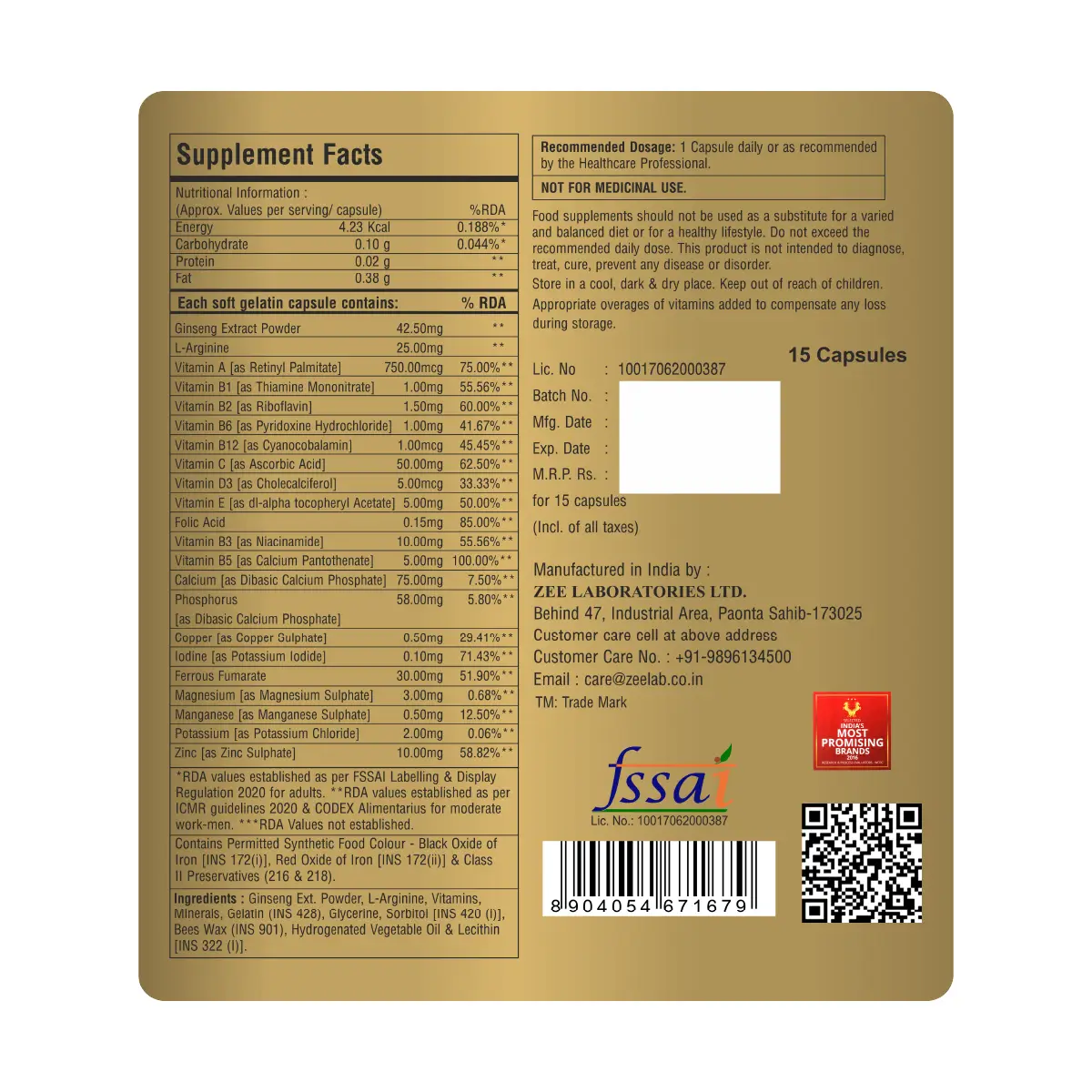 Zeegold Strong Men 15 Capsule | Helps Boost Strength, Stamina & Energy