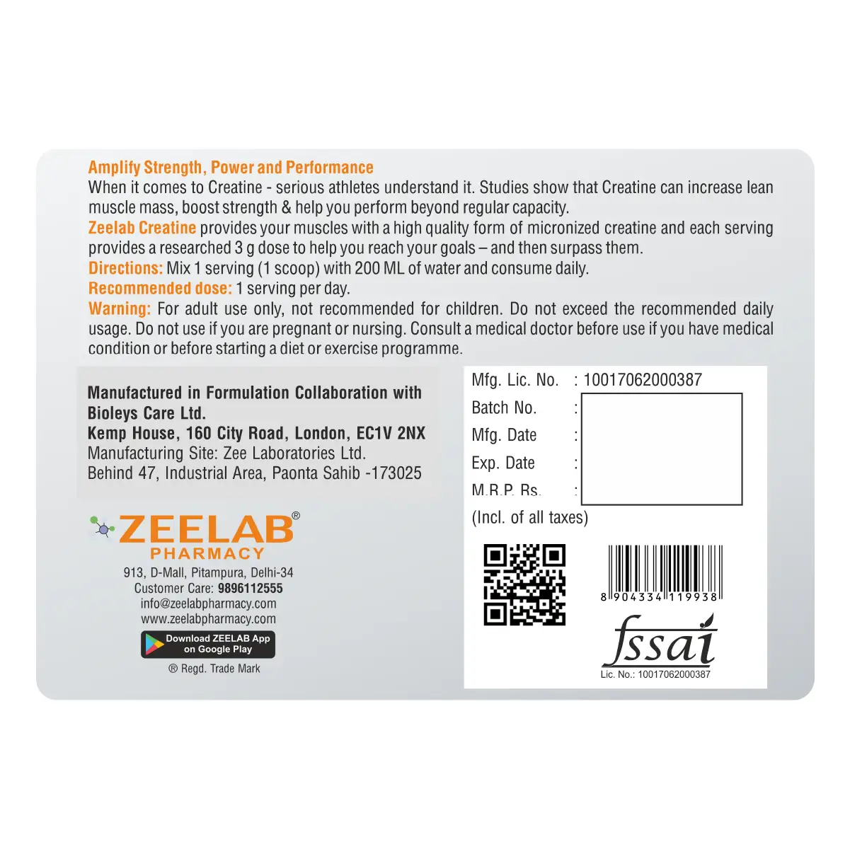 Zeelab 100% Creatine Monohydrate Powder