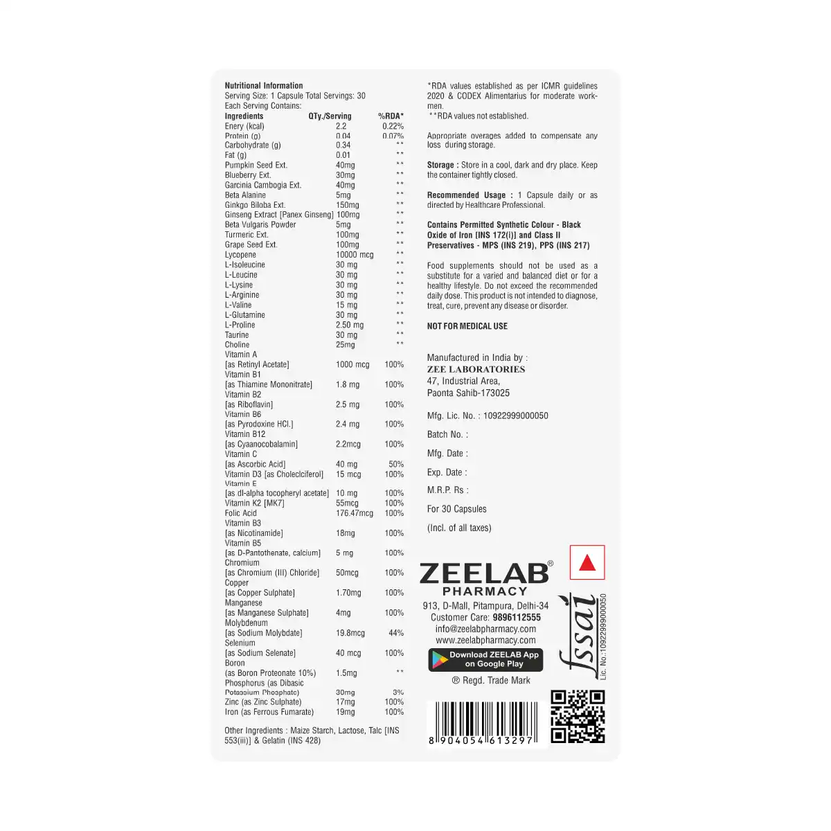 Zeelab Athlete Multivitamin For Men ( 30 Capsules )