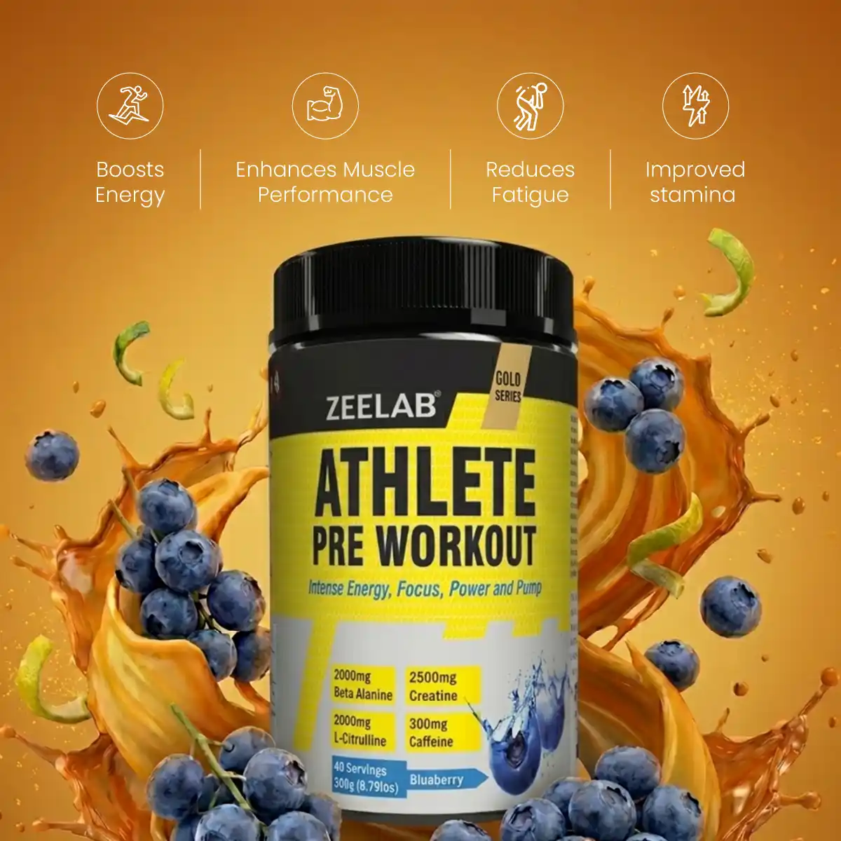 Zeelab Athlete Pre Workout - Blueberry Flavour | Workout Performance | 360g (40 Servings)