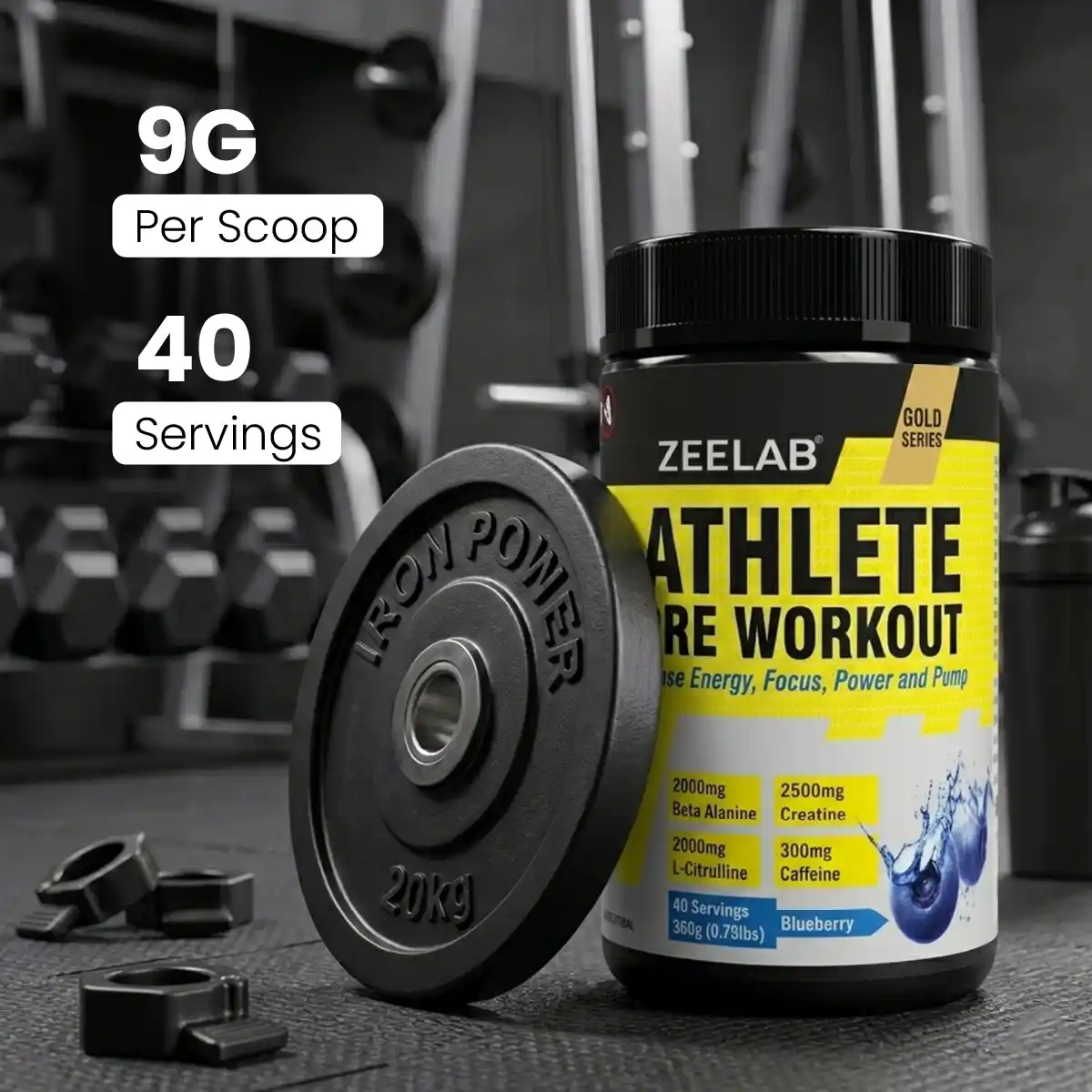 Zeelab Athlete Pre Workout - Blueberry Flavour | Workout Performance | 360g (40 Servings)