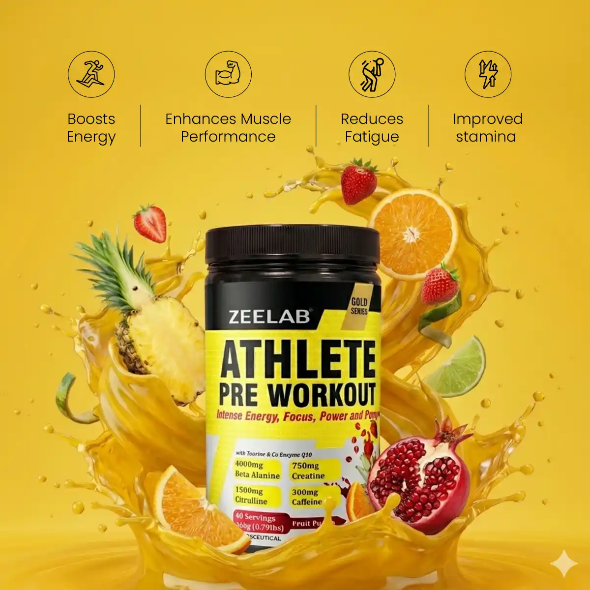 Zeelab Athlete Pre Workout - Fruit Punch Flavour | Workout Performance | 360g (40 Servings)