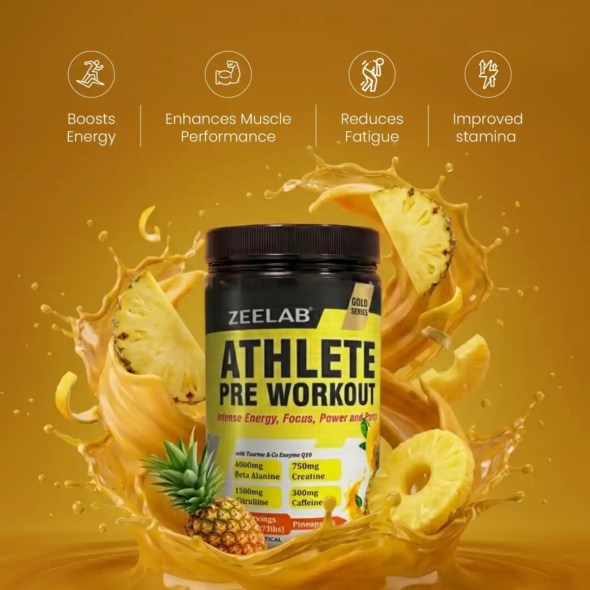 Zeelab Athlete Pre Workout - Pineapple Flavour | Workout Performance | 360g (40 Servings) 