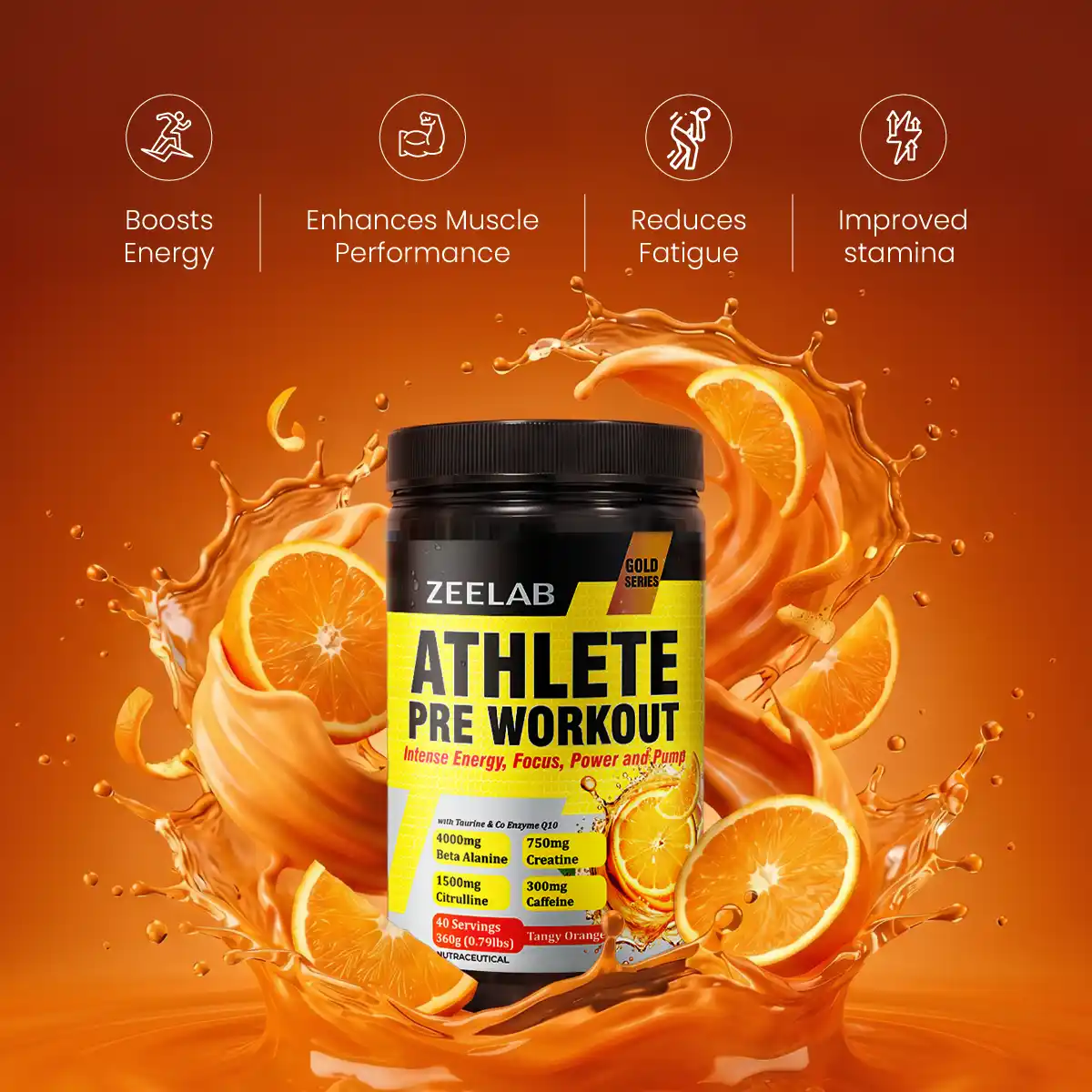 Zeelab Athlete Pre Workout - Tangy Orange Flavour | Workout Performance | 360g (40 Servings)