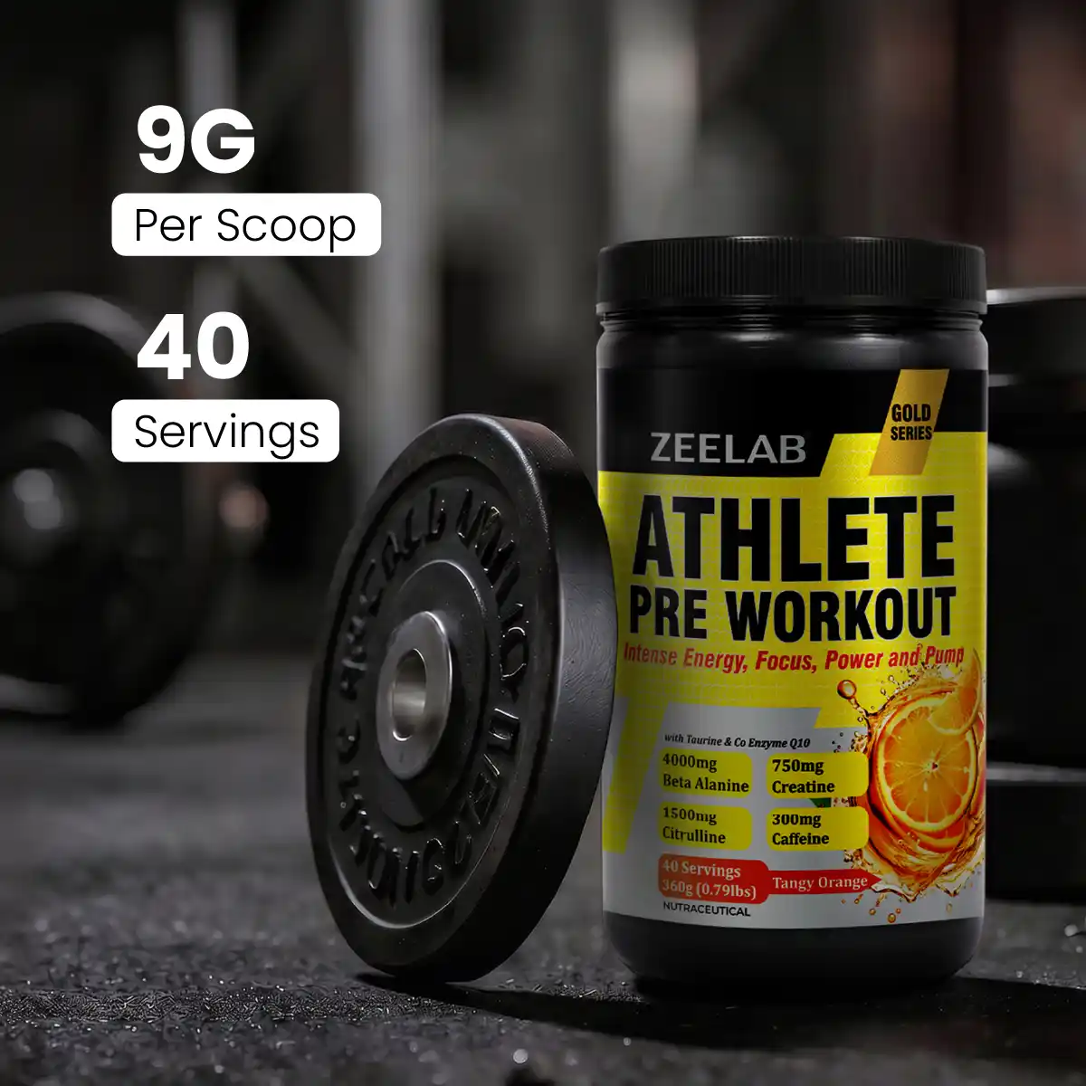 Zeelab Athlete Pre Workout - Tangy Orange Flavour | Workout Performance | 360g (40 Servings)