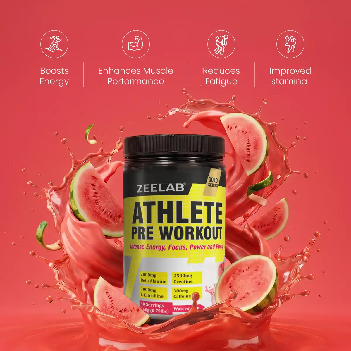 Zeelab Athlete Pre Workout - Watermelon Flavour | Workout Performance | 360g (30 Servings)