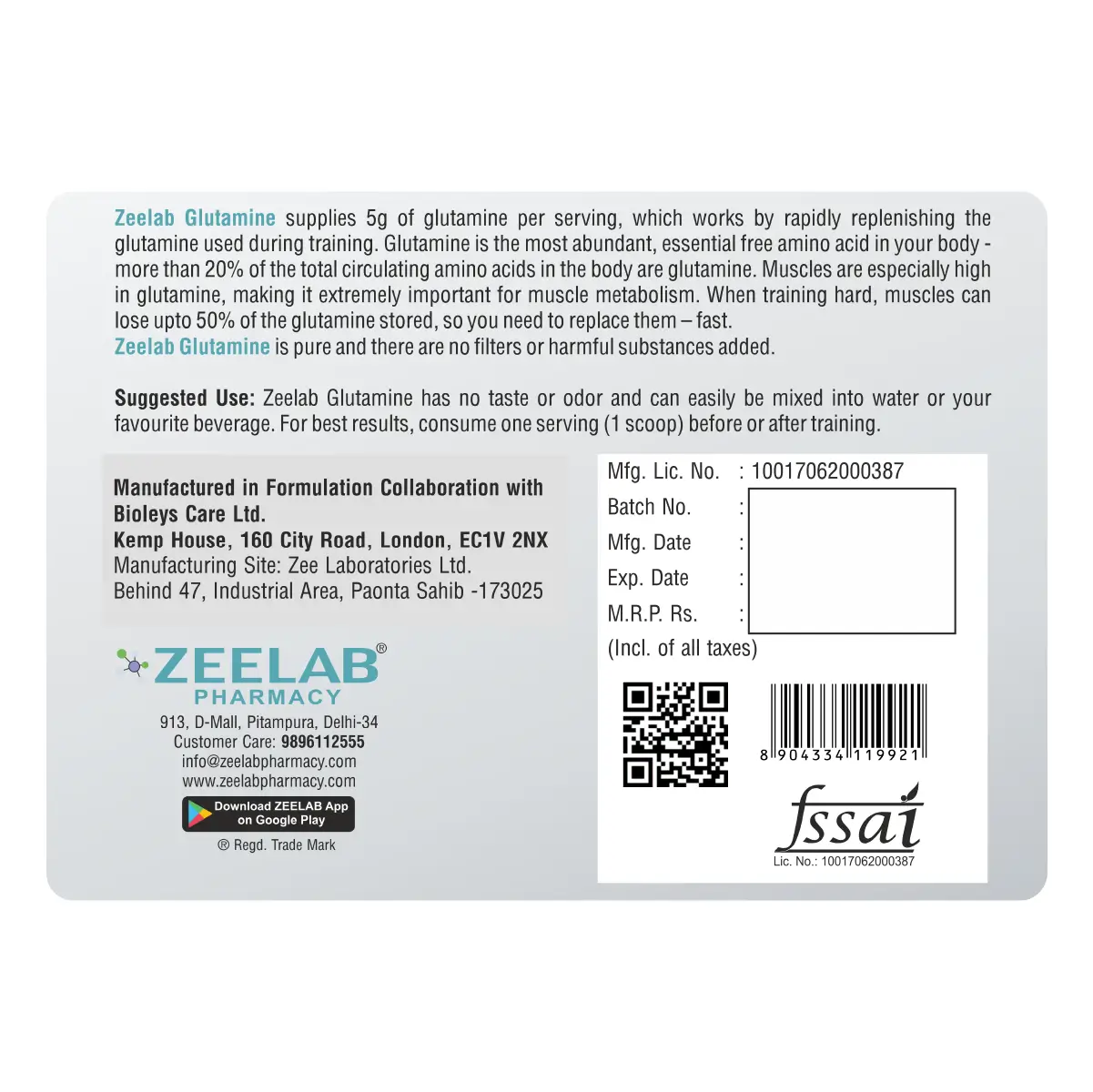 Zeelab L-Glutamine Powder 250 gm