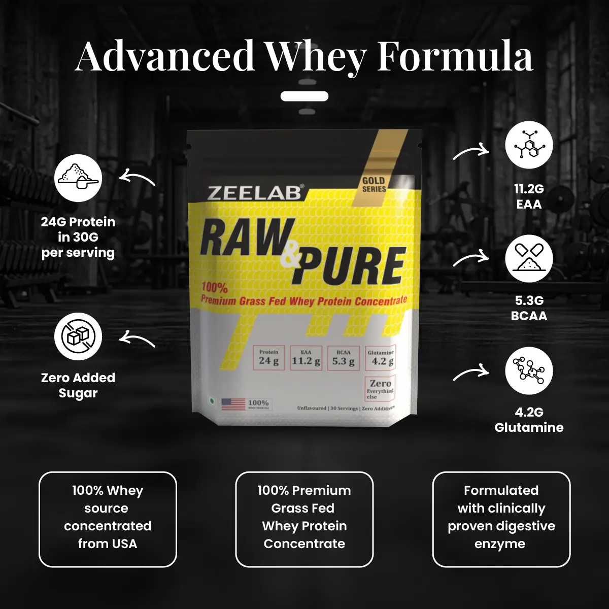 Zeelab Raw and Pure Whey Protein Concentrate 100% | 2lbs (910g) with 30 Servings