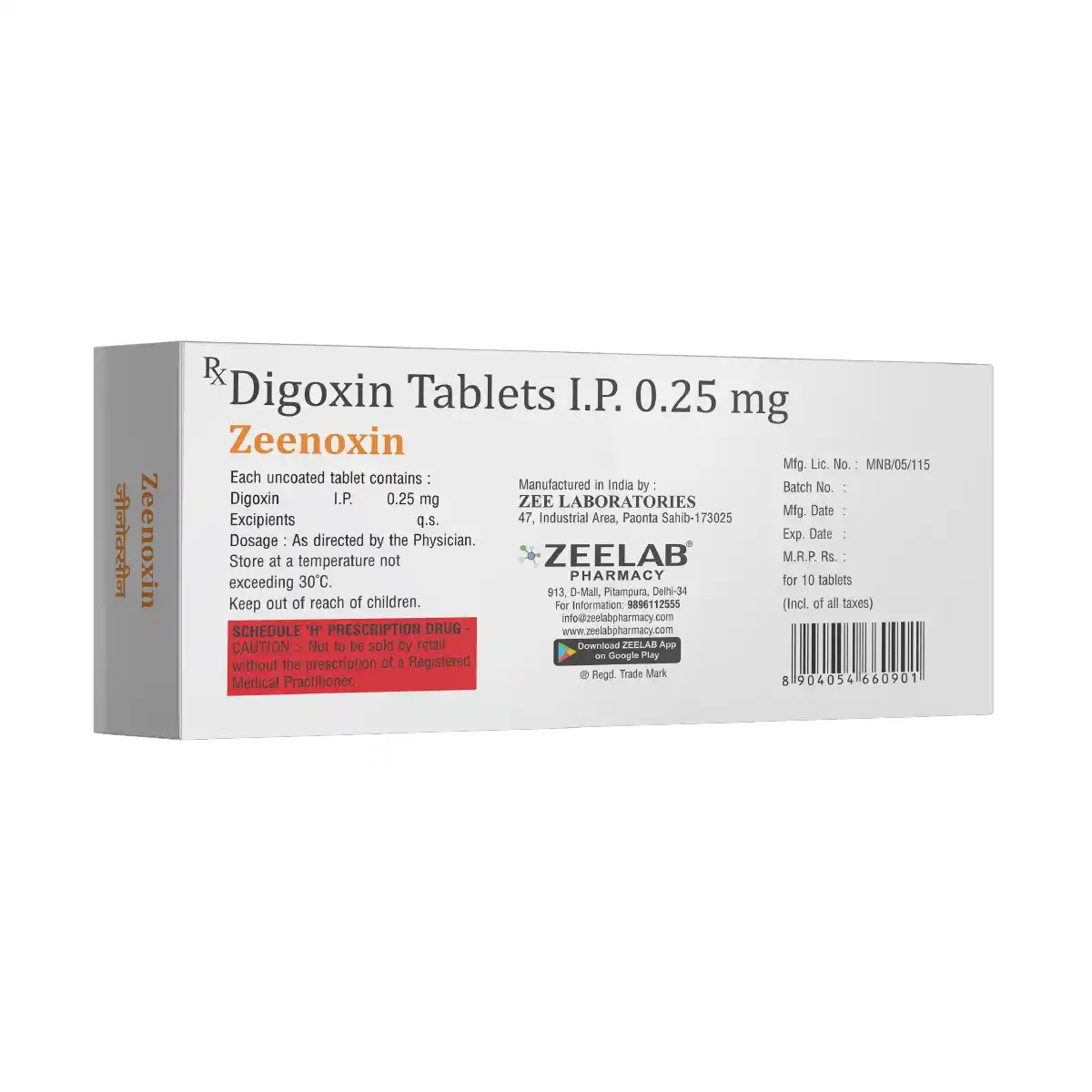 Zeenoxin | Digoxin 0.25mg Tablet | Strip of 10 Tablets