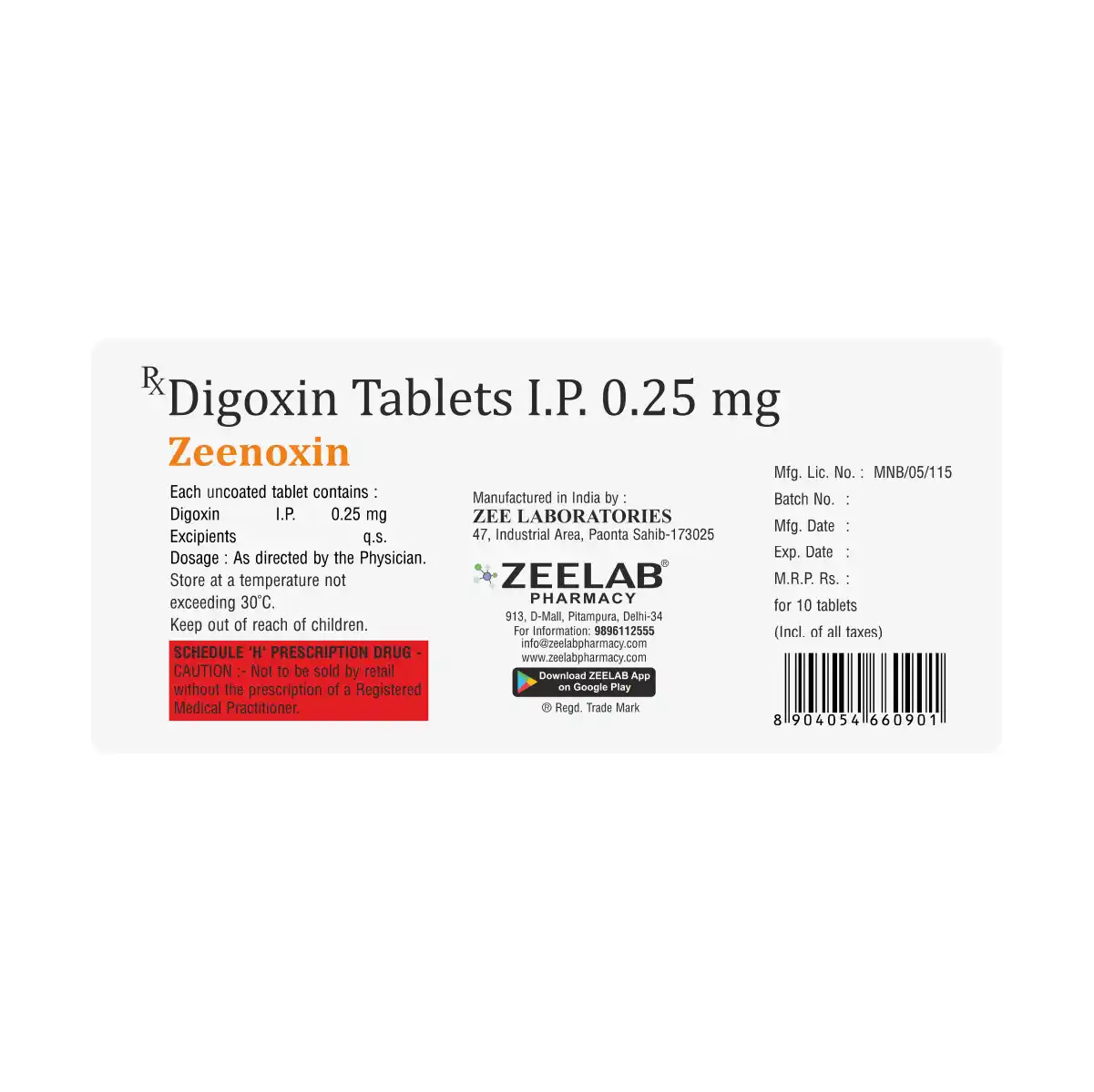 Zeenoxin | Digoxin 0.25mg Tablet | Strip of 10 Tablets