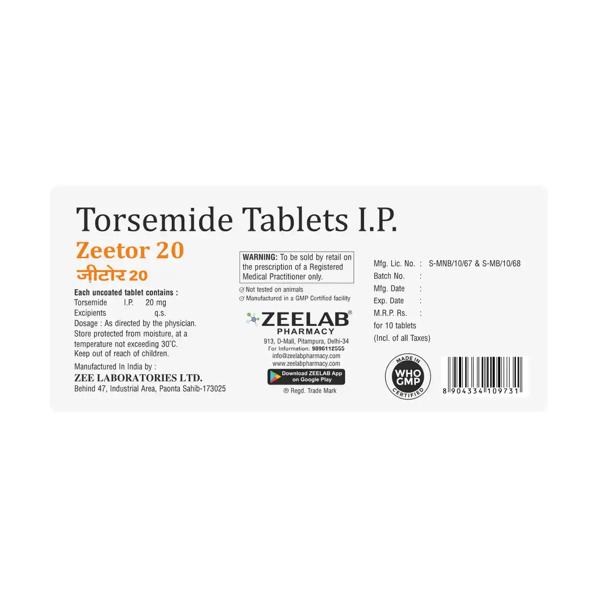 Zeetor 20 | Torsemide 20mg Tablet | Strip of 10 Tablets
