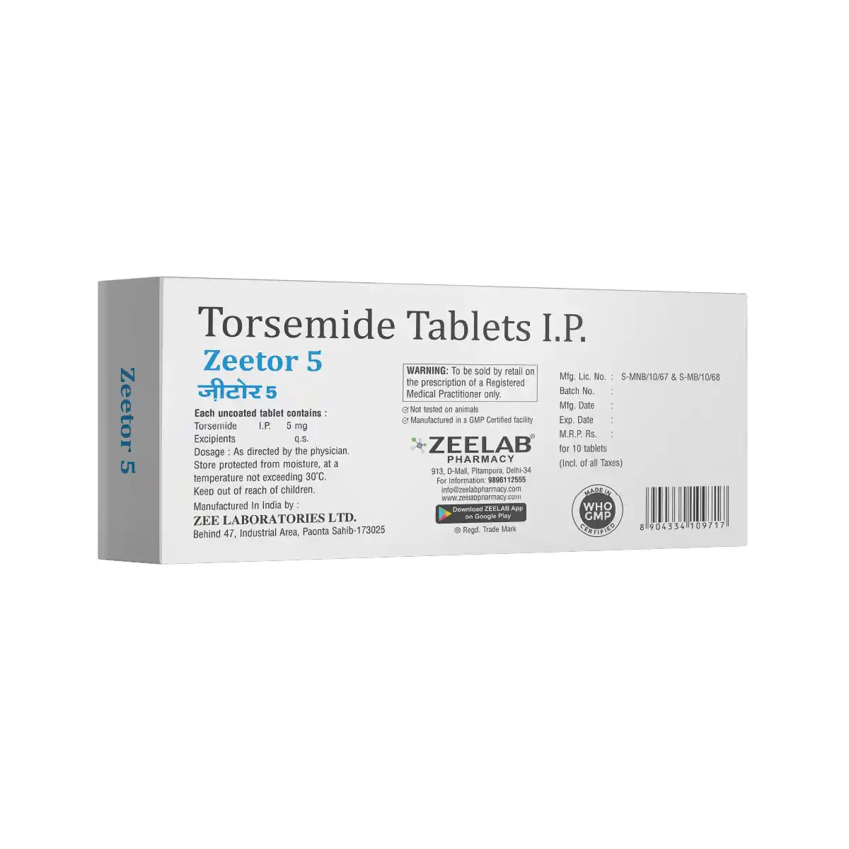Zeetor 5 Tablet | Torsemide 5mg Tablet | Strip of 10 Tablets