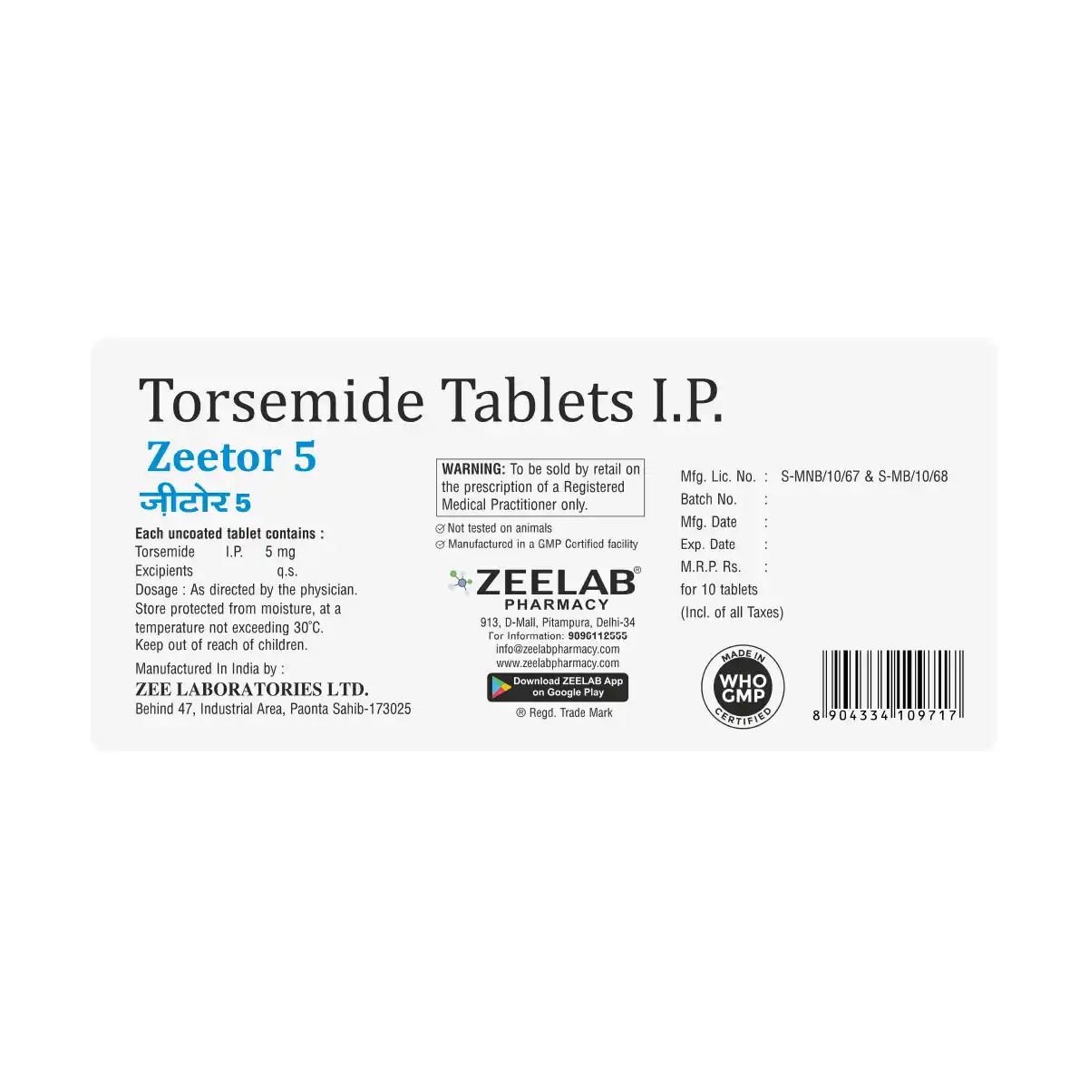 Zeetor 5 Tablet | Torsemide 5mg Tablet | Strip of 10 Tablets