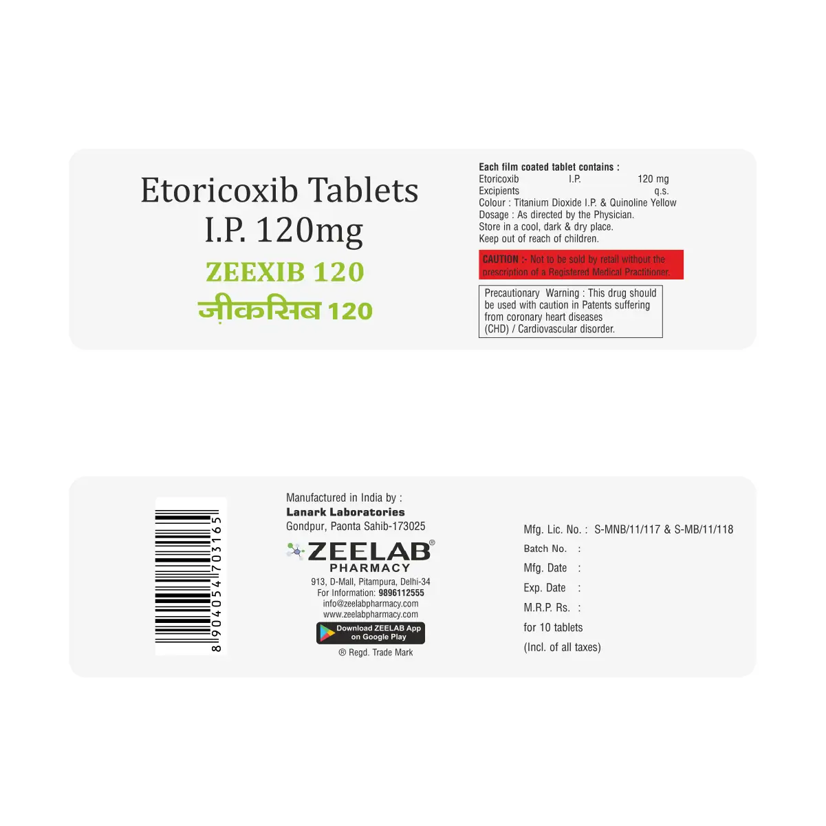 Zeexib 120 | Etoricoxib 120mg Tablet | Strip of 10 Tablets