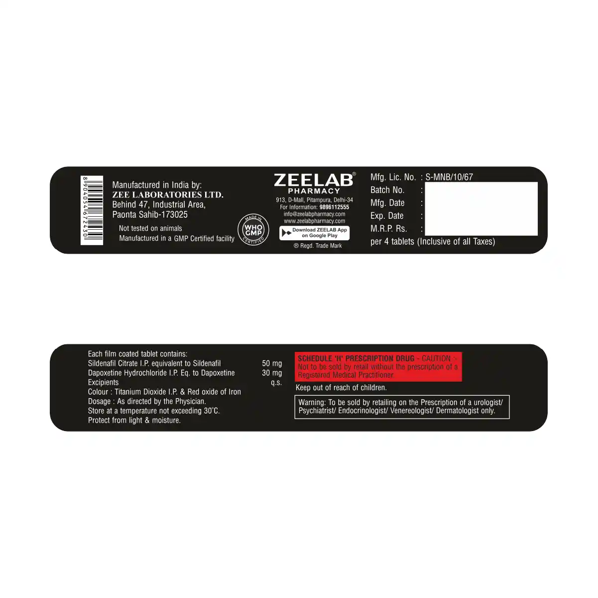 Zexgra D Lay | Sildenafil Citrate 50mg + Dapoxetine 30mg Tablet | Strips of 4 Tablets
